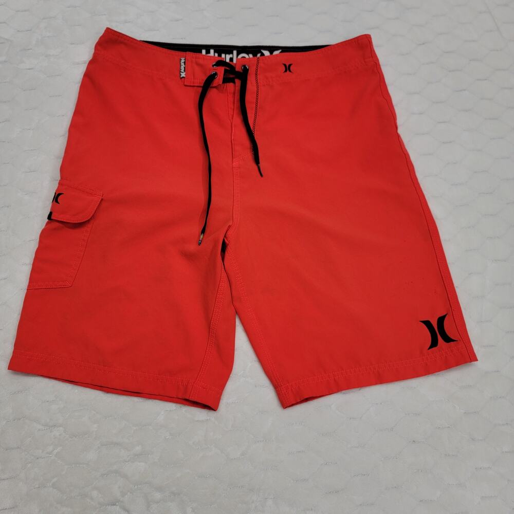 Hurley Red Board Shorts Mens 32 Swim Trunks Cargo Pocket One and Only Logo